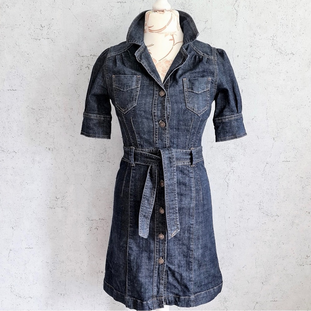 Scandinavian Dark Denim Jean Midi Dress Button Down Belted XS
